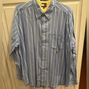 Tommy Hilfiger Vintage Crest Logo Striped Button Down Shirt XL Blue Yellow